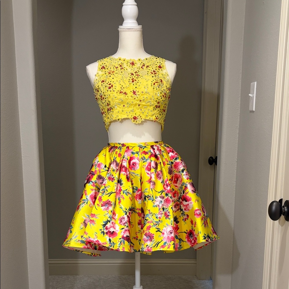 Angela & Alison Yellow Floral Two-Piece Party Dress